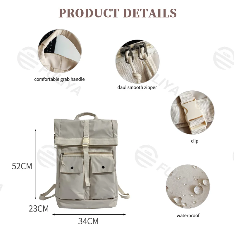 Guangzhou Fuliya Industry Co.,Ltd C-81093 Large-capacity rolltop backpack, water-resistant, multi-layer storage, laptop sleeve, multi-functional pockets, dual zipper, clip, and comfortable handle - for students, commuting, and travel.