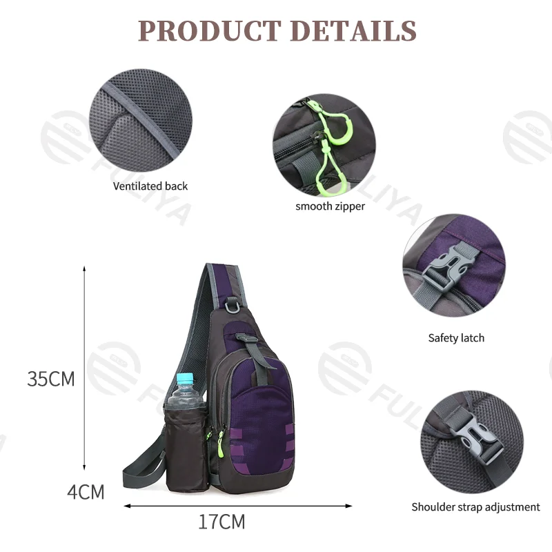 Guangzhou Fuliya Industry Co.,Ltd C-81096 Sports casual chest bag, large capacity, detachable bottle pocket, ventilated back, smooth zipper, safety latch, and adjustable strap - crossbody or chest carry for outdoor, travel, and daily use.