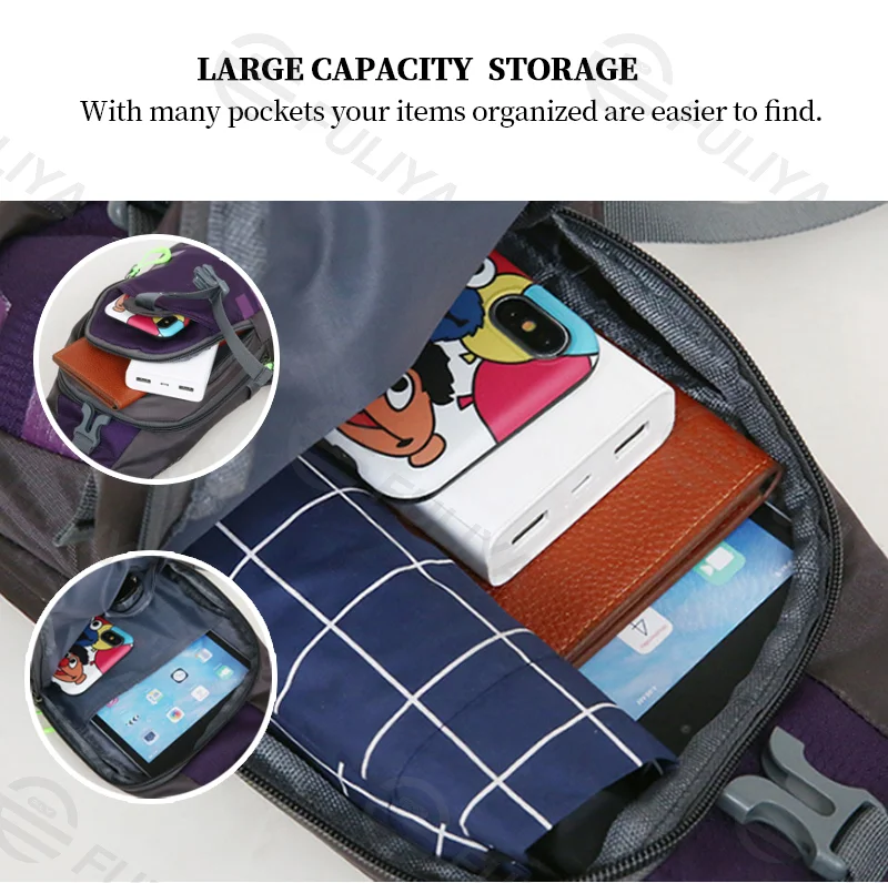 Guangzhou Fuliya Industry Co.,Ltd C-81096 Sports casual chest bag, large capacity, detachable bottle pocket, ventilated back, smooth zipper, safety latch, and adjustable strap - crossbody or chest carry for outdoor, travel, and daily use.