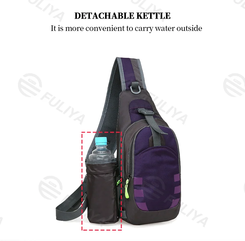 Guangzhou Fuliya Industry Co.,Ltd C-81096 Sports casual chest bag, large capacity, detachable bottle pocket, ventilated back, smooth zipper, safety latch, and adjustable strap - crossbody or chest carry for outdoor, travel, and daily use.