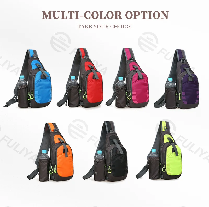Guangzhou Fuliya Industry Co.,Ltd C-81096 Sports casual chest bag, large capacity, detachable bottle pocket, ventilated back, smooth zipper, safety latch, and adjustable strap - crossbody or chest carry for outdoor, travel, and daily use.