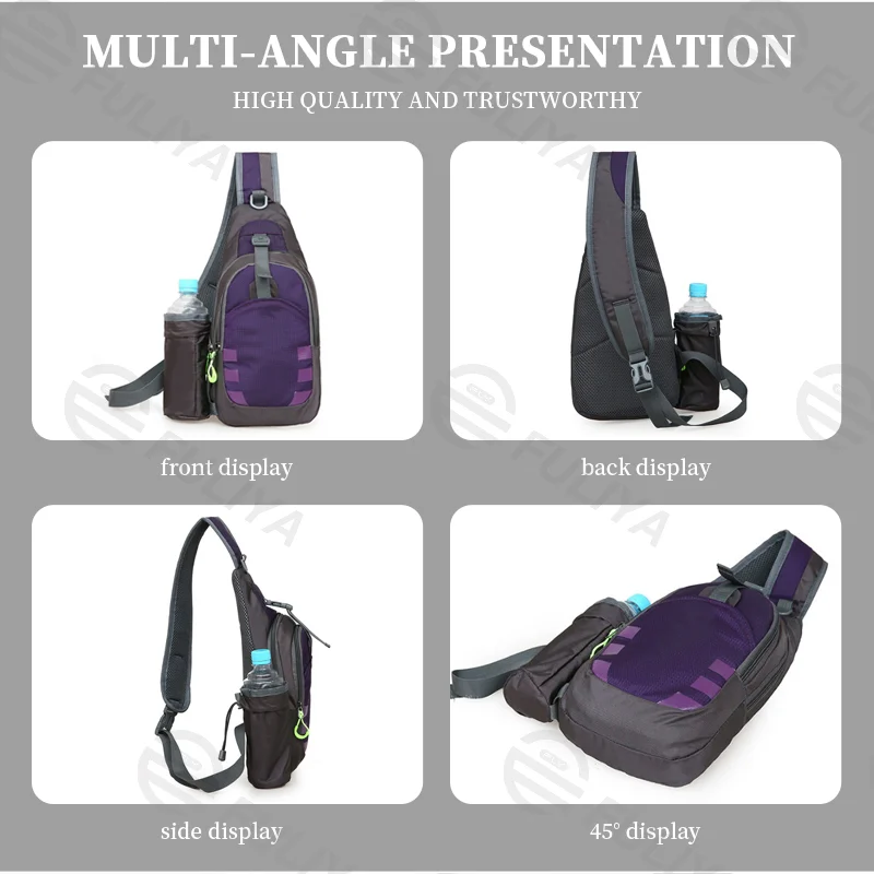 Guangzhou Fuliya Industry Co.,Ltd C-81096 Sports casual chest bag, large capacity, detachable bottle pocket, ventilated back, smooth zipper, safety latch, and adjustable strap - crossbody or chest carry for outdoor, travel, and daily use.