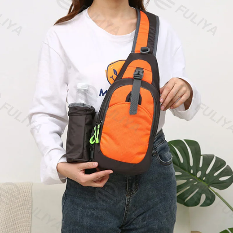Guangzhou Fuliya Industry Co.,Ltd C-81096 Sports casual chest bag, large capacity, detachable bottle pocket, ventilated back, smooth zipper, safety latch, and adjustable strap - crossbody or chest carry for outdoor, travel, and daily use.