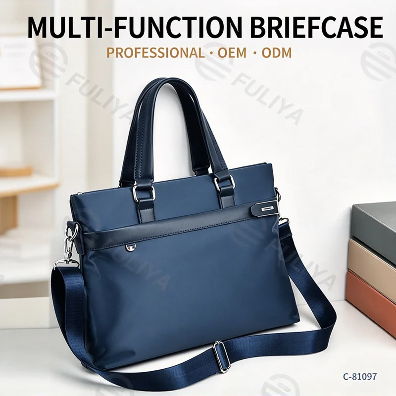 Guangzhou Fuliya Industry Co.,Ltd C-81097 Men's business briefcase, wear-resistant and water-repellent, large capacity, fits 14" laptop and A4 files, leather handle and shoulder strap - for business trips, office, and casual use.