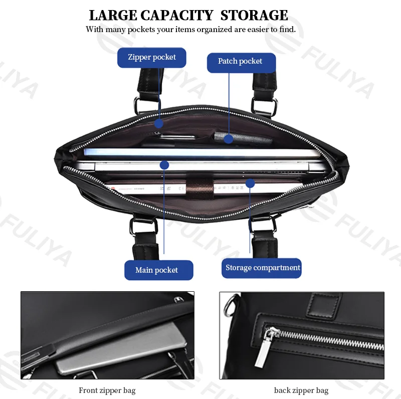 Guangzhou Fuliya Industry Co.,Ltd C-81097 Men's business briefcase, wear-resistant and water-repellent, large capacity, fits 14" laptop and A4 files, leather handle and shoulder strap - for business trips, office, and casual use.