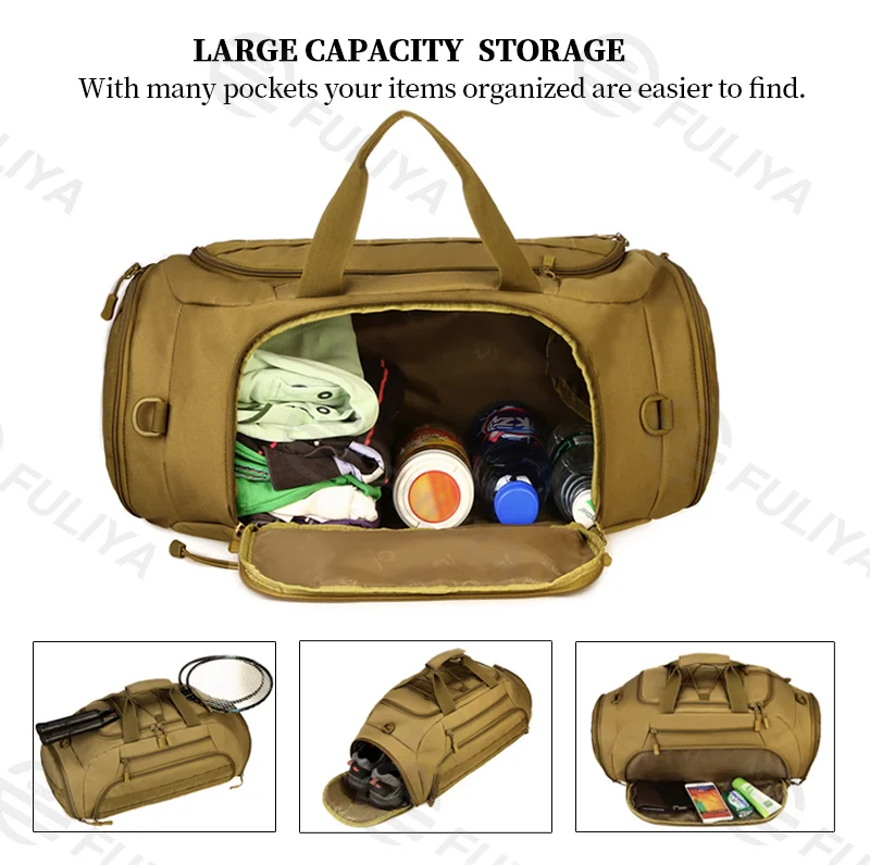 Guangzhou Fuliya Industry Co.,Ltd C-81098 35L multi-functional tactical travel bag, water-resistant, large main compartment, hidden backpack straps, and top elastic cord - backpack, crossbody, or hand carry for short trips, fitness, and outdoor.